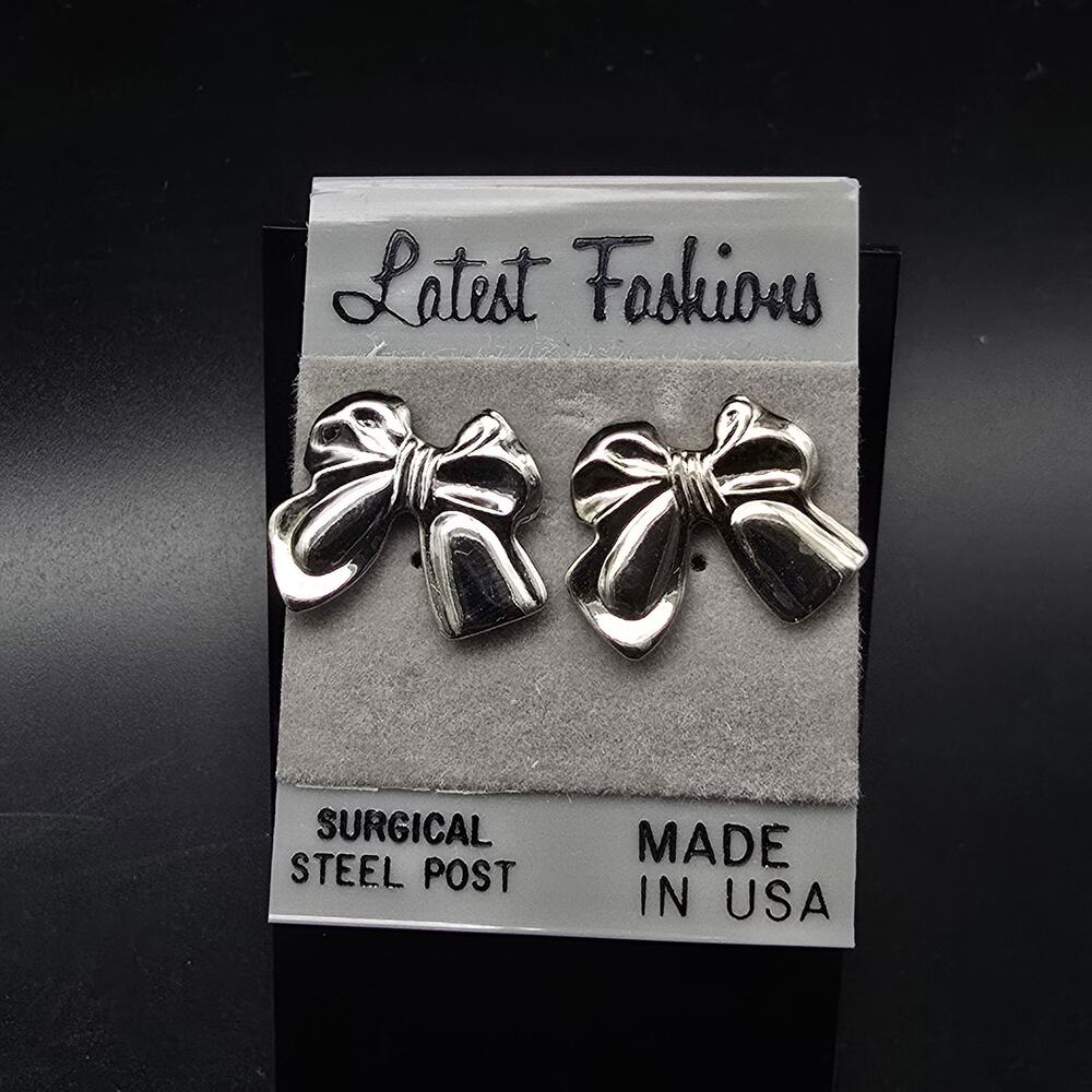 Silver Tone Bow Earrings Pierced Made in USA Vintage 1990s NOS NWT